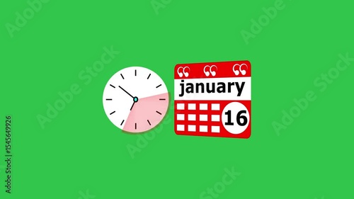 January month 16 date calendar icon  and  black color clock animation. Digital calendar month concept design on deep green background.