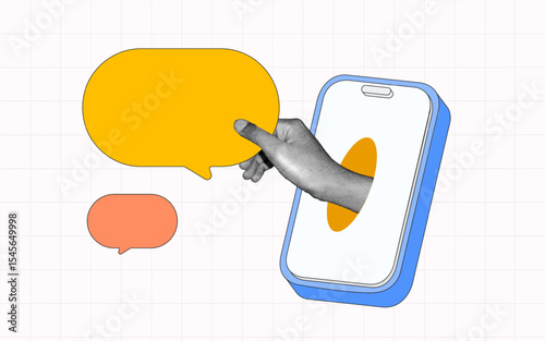 Halftone collage, hand gesture holding yellow chat bubble from smartphone screen with white grid background