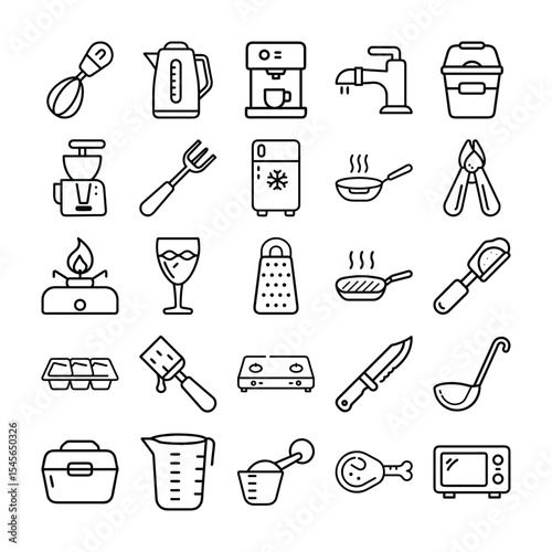 Collection of Kitchen Utensils and Appliances in Minimalist Line Art Style