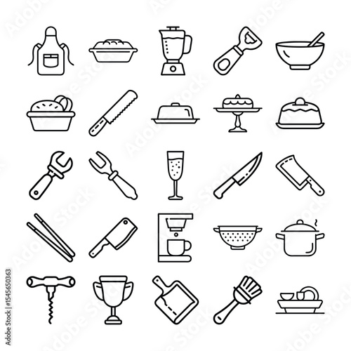 Collection of Kitchen and Dining Icons in Line Art Style on White Background