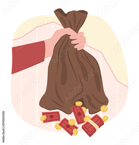Human Hand Holding Ripped Money Bag and Losing Money Bundle with Coins Spilling Out for Bankruptcy, Financial Crisis and Recession Concept Illustration Clip Art 