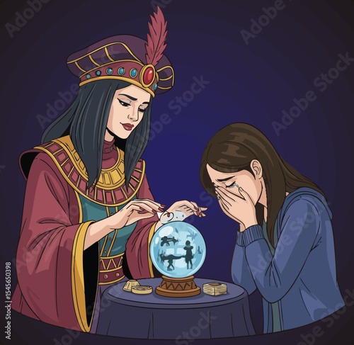 A vector artwork presents a scene of a fortune teller sharing a distressing future with a weeping individual