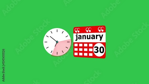 January month 30 date calendar icon  and  black color clock animation. Digital calendar month concept design on deep green background.