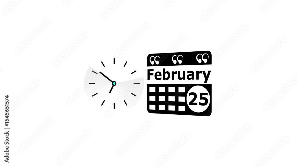 February month 25 date calendar icon  and  black color clock animation. Digital calendar month concept design on White background.