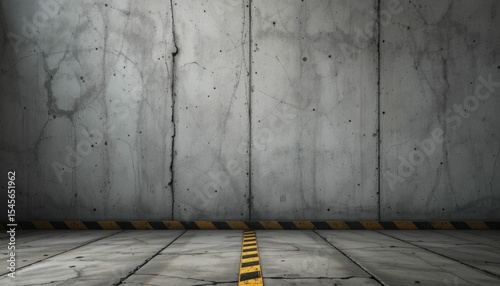 There is plenty of copy space for text or images on this rough concrete wall and floor with black and yellow warning stripes