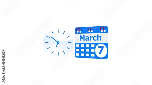 March month 7 date calendar icon  and  royal blue color clock animation. Digital calendar month concept design on White background.