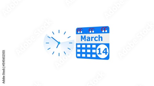 March month 14 date calendar icon  and  royal blue color clock animation. Digital calendar month concept design on White background.