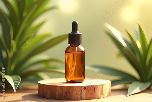 Amber Glass Dropper Bottle with Natural Leaves – Organic Skincare or Essential Oil Product Mockup
