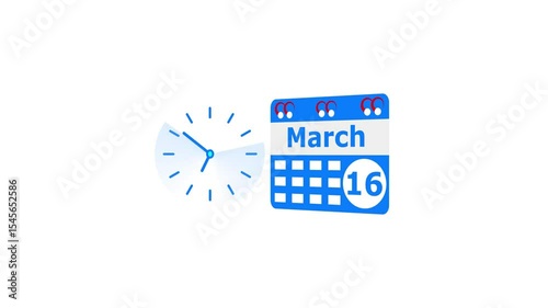 March month 16 date calendar icon  and  royal blue color clock animation. Digital calendar month concept design on White background.