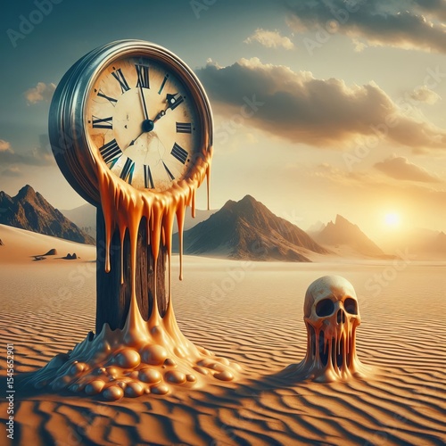 Surreal melting clocks on desert landscape homage