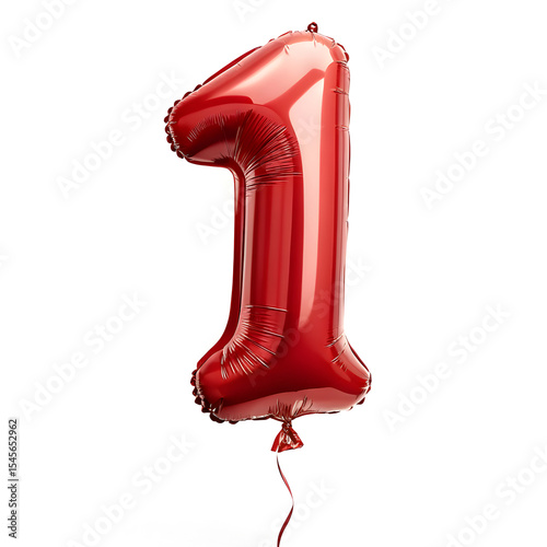 A balloon shaped like the number 1,glossy red metallic finish with realistic reflections and smooth texture.
