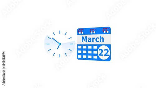 March month 22 date calendar icon  and  royal blue color clock animation. Digital calendar month concept design on White background.