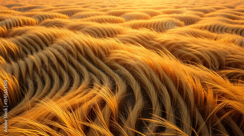 A golden field of furrows sculpted into gentle waves by the wind, bathed in the soft glow of a setting sun.