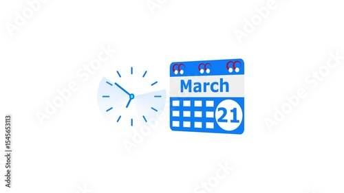 March month 21 date calendar icon  and  royal blue color clock animation. Digital calendar month concept design on White background.