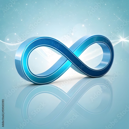  Shiny metallic blue infinity loop with light rays and reflection on a glossy surface.

