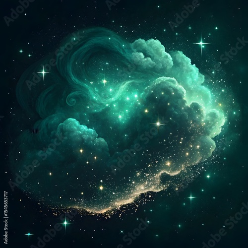 A surreal, teal-colored nebula cloud sparkling with stars, floating in the vastness of space.