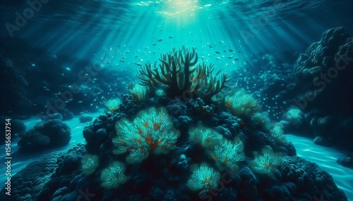 Underwater coral reef glowing with bioluminescent fish crystal c