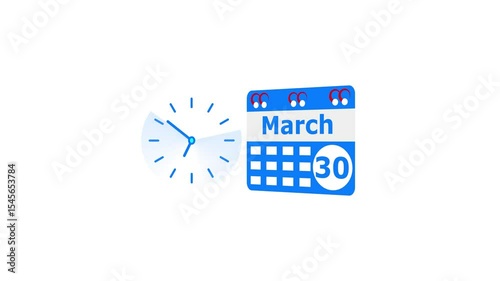 March month 30 date calendar icon  and  royal blue color clock animation. Digital calendar month concept design on White background.