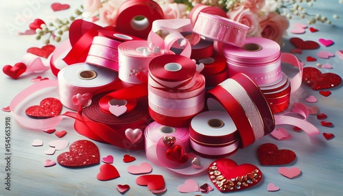 Valentine’s Day Ribbons Rolls of red and pink ribbons perfect