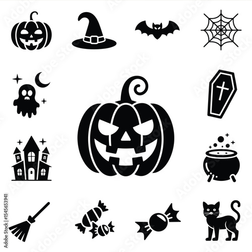 Pumpkin, black and white Halloween icons  jackolantern, witchs hat, black cat. Perfect for Halloween designs, invitations, decorations.