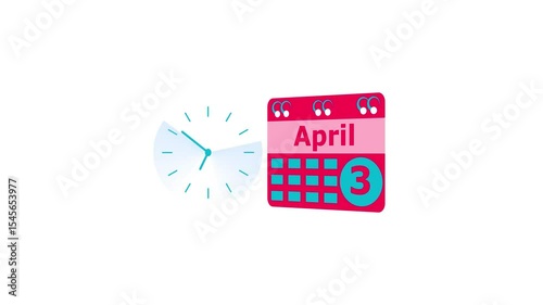 April month 3 date calendar icon  and  magenta red color clock animation. Digital calendar month concept design on White background.