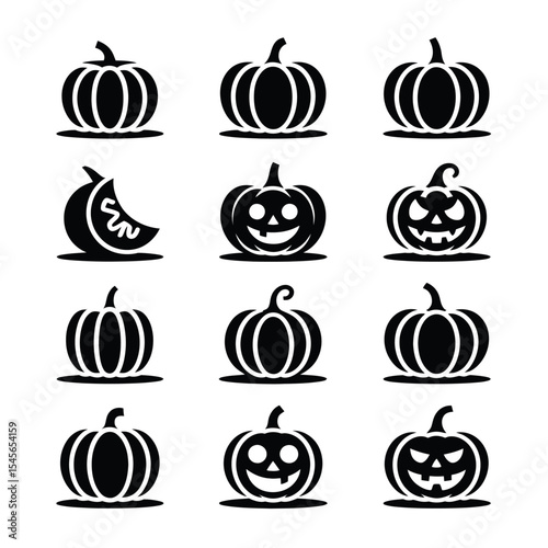 Pumpkin black and white jackolantern icons perfect for spooky Halloween designs. Suitable for Halloweenthemed decorations, invitations, and graphic design projects.