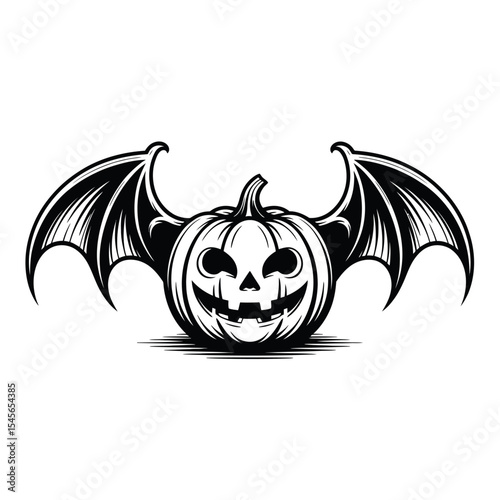 Pumpkin batwinged illustration perfect for Halloween designs, decorations, greeting cards, invitations, posters, and themed social media content creation.