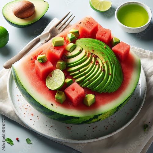 Watermelon and Avocado A slice of watermelon with fresh avocado