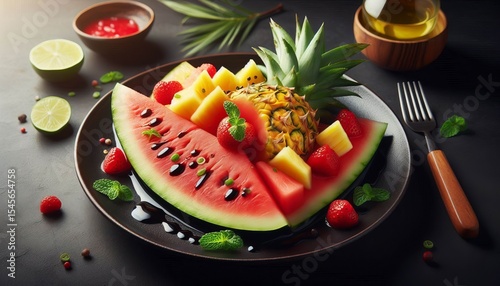 Watermelon and Pineapple A slice of watermelon with fresh pineap
