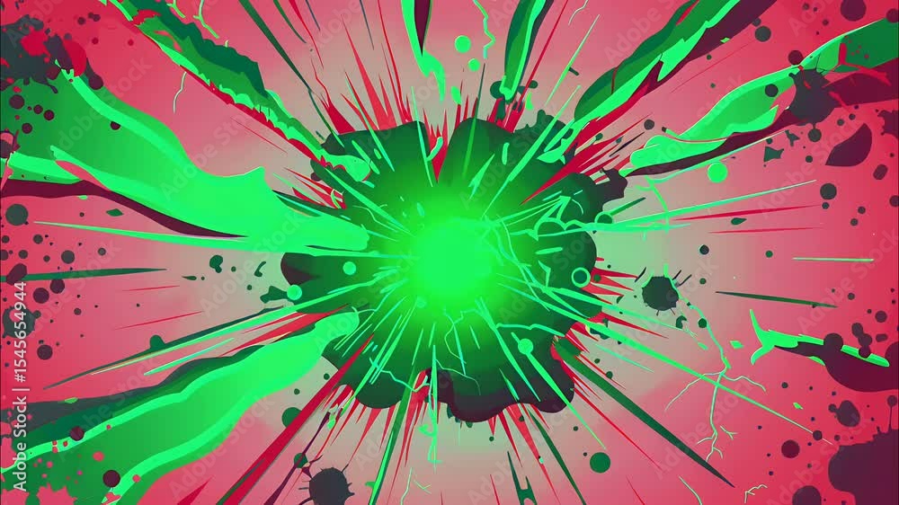 Abstract of vivid green explosion erupts in the center, sending sharp rays across a chaotic backdrop