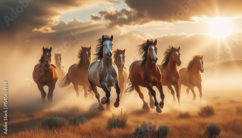 Wild horses galloping across open plain dust clouds golden hour