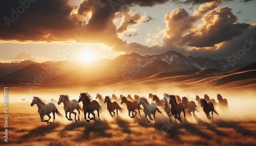 Wild horses running on open plain dust clouds golden hour