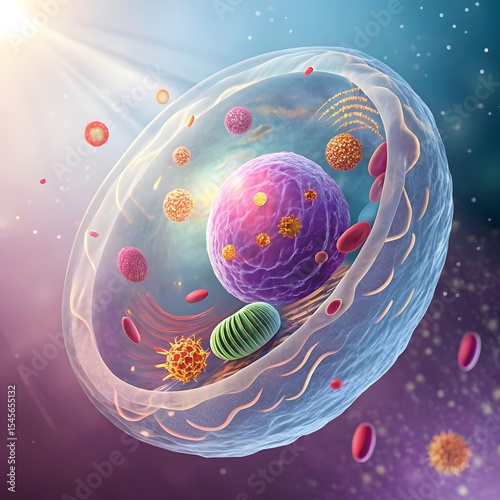 Highly detailed sci-fi cell structure with glowing organelles and particles