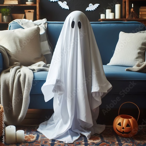 A child s ghost costume white sheet with cutouts draped over fur