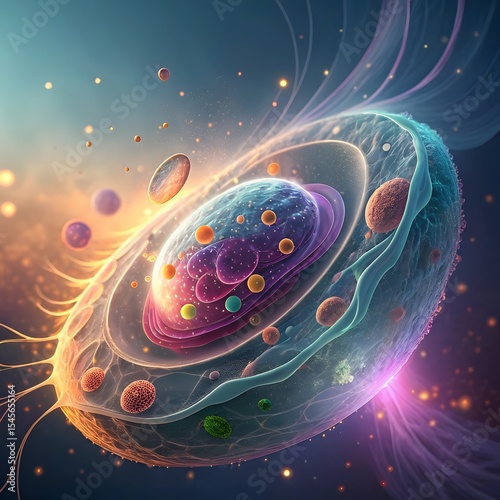 Highly detailed sci-fi cell structure with glowing organelles and particles