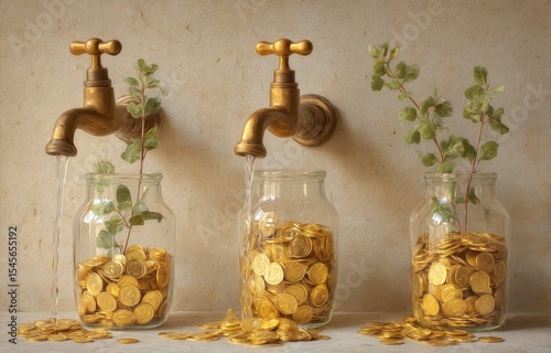 Three antique gold faucets pour water into jars filled with gold coins and small growing plants, symbolizing wealth growth and prosperity