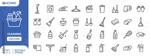 Collection of 34 cleaning icons, including supplies and equipment, in a line art style.