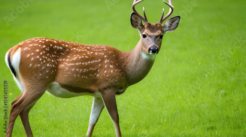 Close-up view of a sika deer grazing in the beautiful green landscape, while the flies bother it