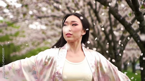 Woman in cherry blossom park, dark hair flowing, eyes closed, dreamy feel