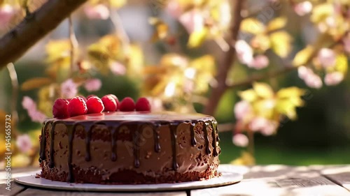 Chocolate cake with raspberries on wood table, floral background in sunlight