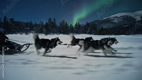 Husky sled dogs run across snowy landscape under starry night sky with aurora borealis