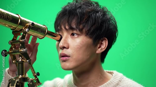 Person peers through gold telescope against vibrant green backdrop