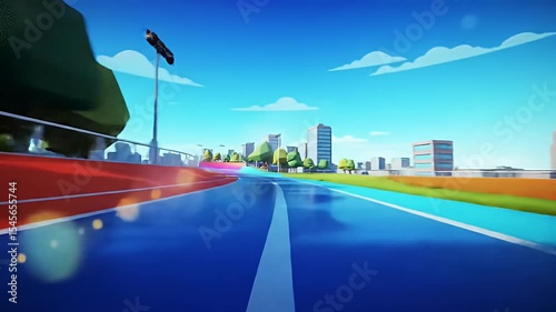 Cartoon-style road with city skyline & trees in blue & yellow