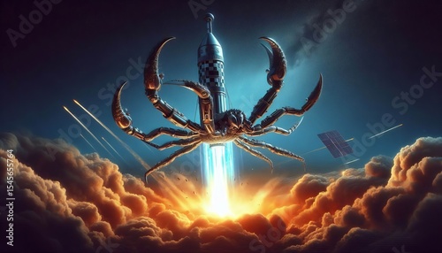 A scorpion stinger rocket blasting off with tail thrusters its c