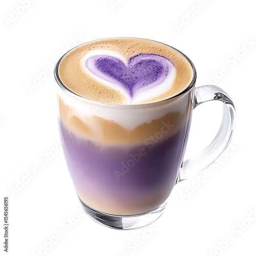 Purple Gradient Latte with Heart-Shaped Froth in a Glass Mug