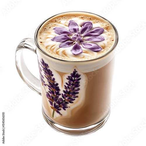 Lavender-infused latte with a floral foam design in a clear glass mug