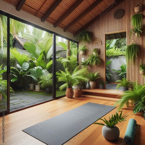 Tropical home gym a bamboo floor a wall of potted ferns and a yo