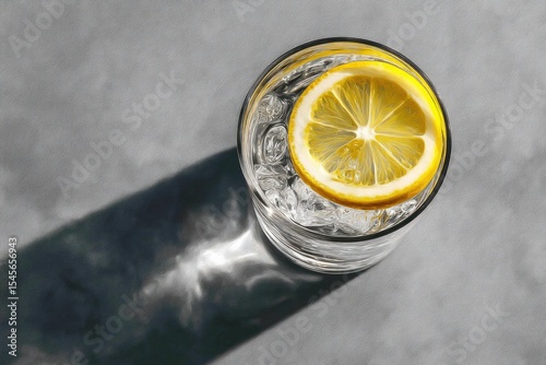 A high-angle close-up shot of a glass of ice water garnished with a lemon slice, casting a dramatic shadow on a grey surface