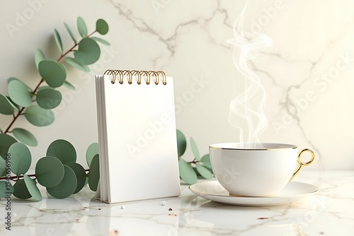 Steaming Coffee Cup with Notepad on Marble Table – Minimal Office or Morning Routine Concept