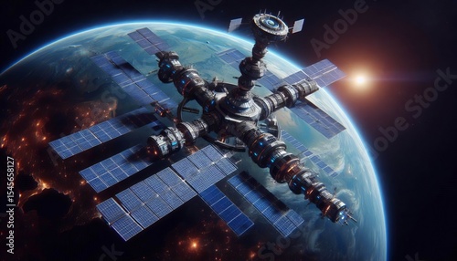 A Futuristic Space Station Orbiting a Planet A massive space sta